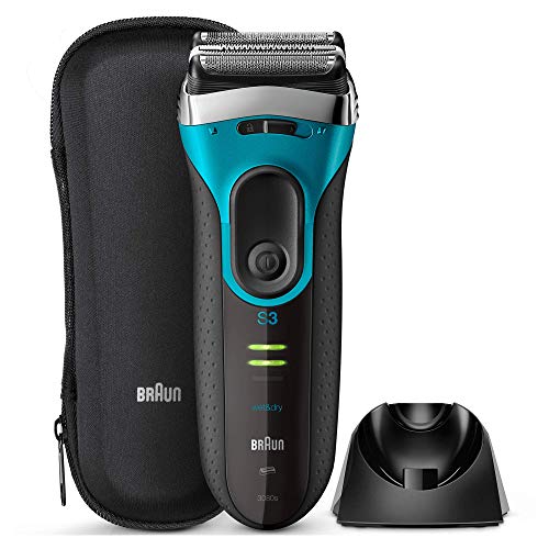 Braun Series 3 ProSkin 3080s Electric Shaver Wet and Dry Electric Razor for Men with Pop Up Precision Trimmer and Charging Stand Rechargeable and Cordless Shaver Black/Blue, 2 pin plug