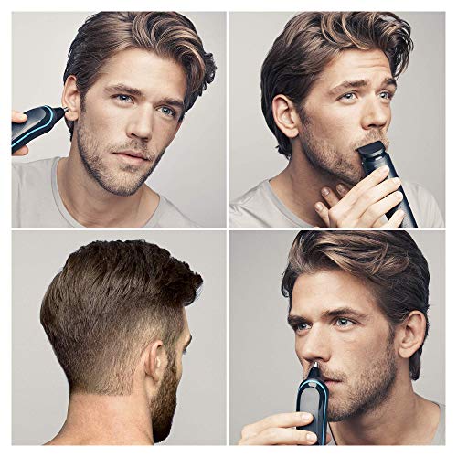 Braun 9-in-1 All-in-One Trimmer MGK5080 Beard Trimmer and Hair Clipper Body Groomer Ear and Nose Hair Trimmer Detail Trimmer Attachment Black/Blue, 2 pin plug