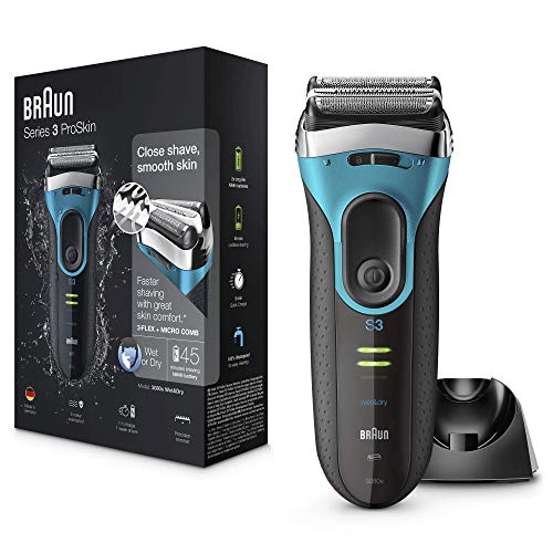 Braun Series 3 ProSkin 3080s Electric Shaver Wet and Dry Electric Razor for Men with Pop Up Precision Trimmer and Charging Stand Rechargeable and Cordless Shaver Black/Blue, 2 pin plug