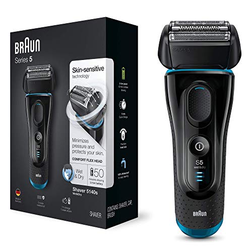 Braun Series 5 5140s Mens Electric Foil Shaver Wet and Dry Pop Up Precision Trimmer Rechargeable and Cordless Razor Black/ Blue, Bathroom 2 pin plug