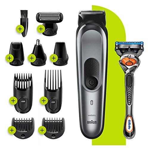 Braun 10-in-1 All-in-one Trimmer 7 MGK7221, Beard Trimmer for Men, Hair Clipper and Body Groomer with 8 Attachments, Charging Stand and AutoSensing Technology, Dark Grey, UK Two Pin Plug